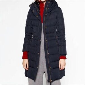 Zara Navy Blue Down Long Belted Puffer Coat S